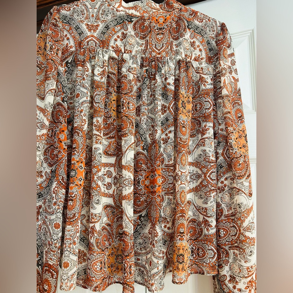 Rachel Zoe BOHO Long Sleeve Sheer Rust and Cream Paisley Button-Down Shirt. - Picture 6 of 7